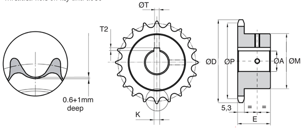Pignon à chaîne alésé rainuré Pas : 15,875mm (DIN10B-1) Diamètre rouleau :  : 10,16mm 