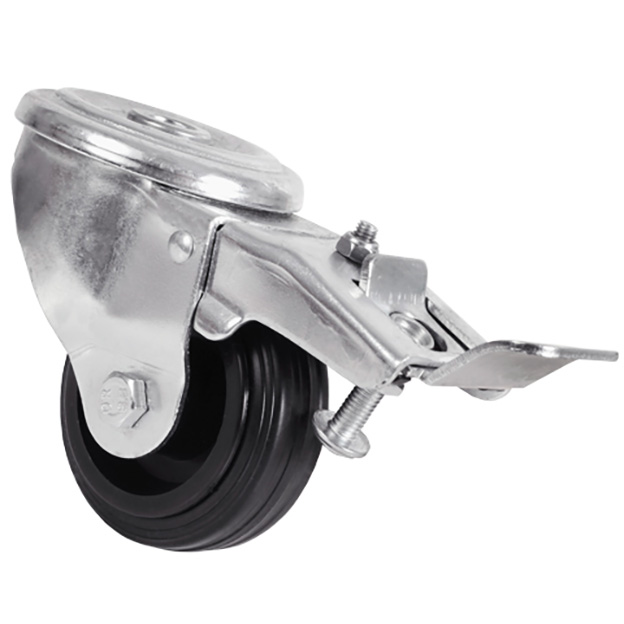 Swivel castor with central hole - Steel - rubber - with double brake - up to 215kg - Yes