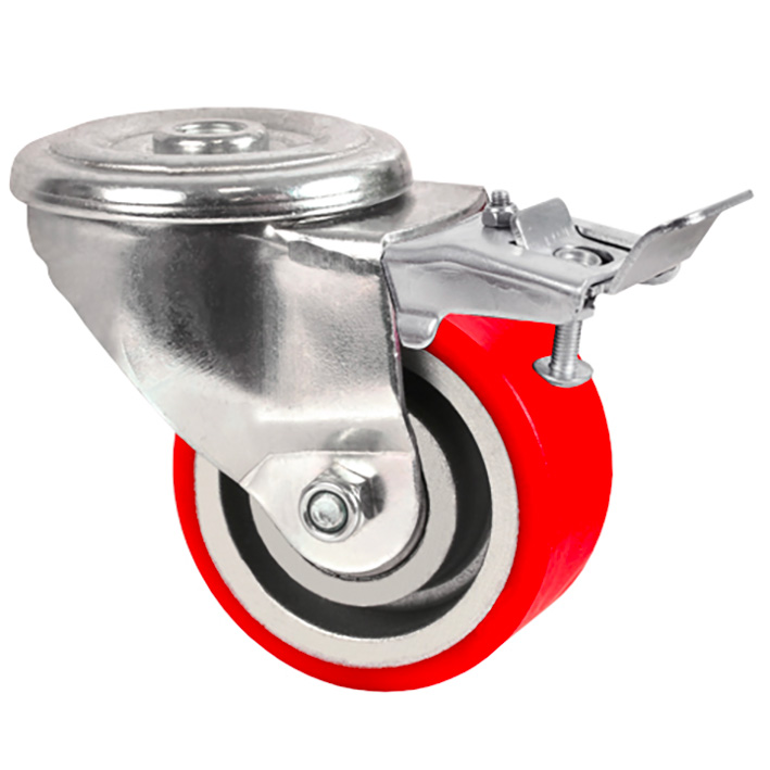 Swivel castor with central hole - Polyurethane - Aluminium rim (Free running) - up to 350kg - with double brake